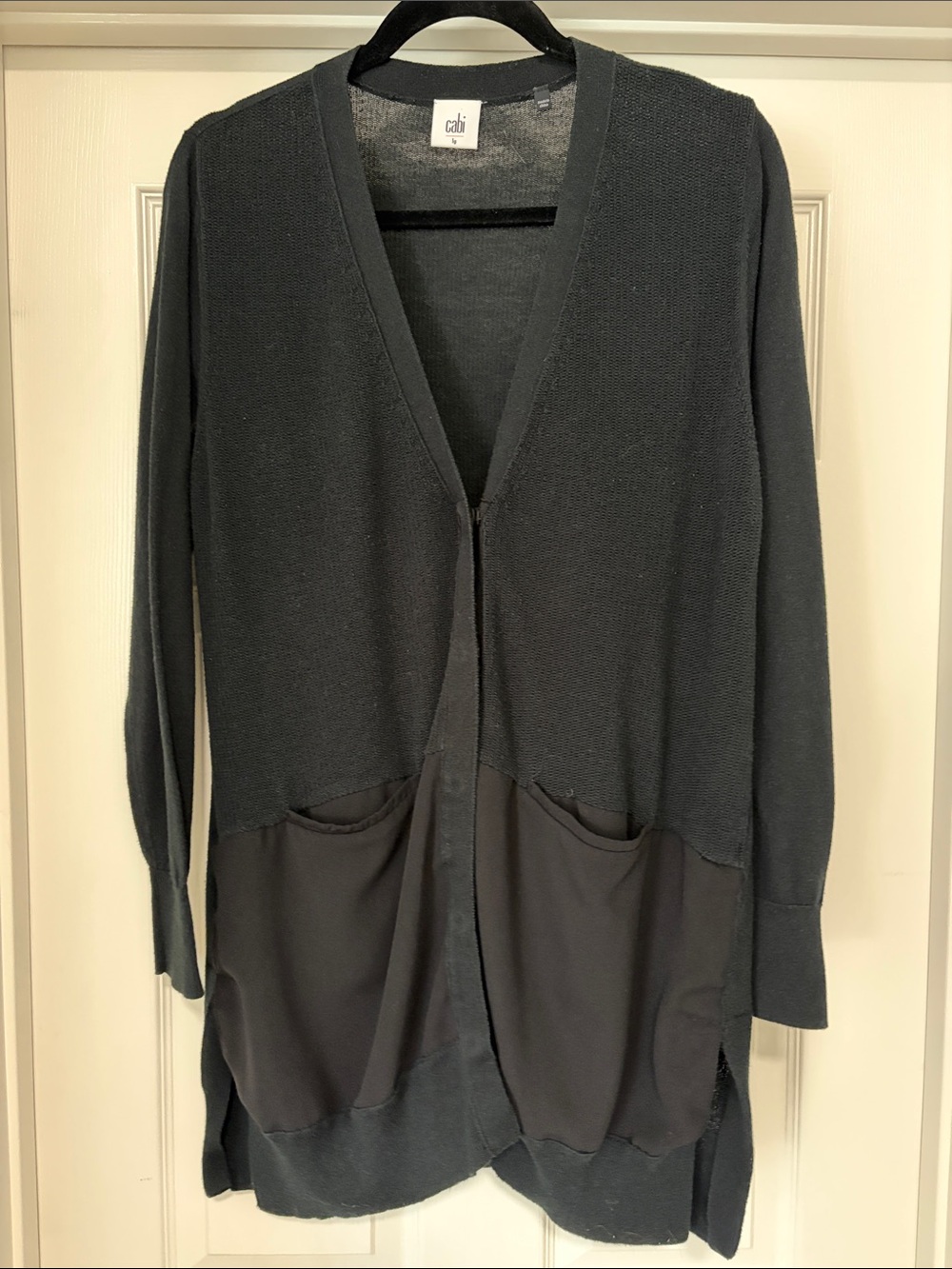 CAbi Two-Tone Black Long Open-Front Cardigan